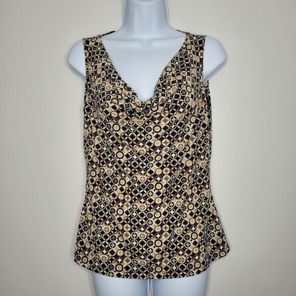 Vintage 90s y2k tan black abstract circle retro print cowel neck blouse medium p - Picture 1 of 5